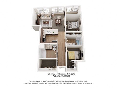 Floor plan for 2 beds, 2 baths, 1136 sqft